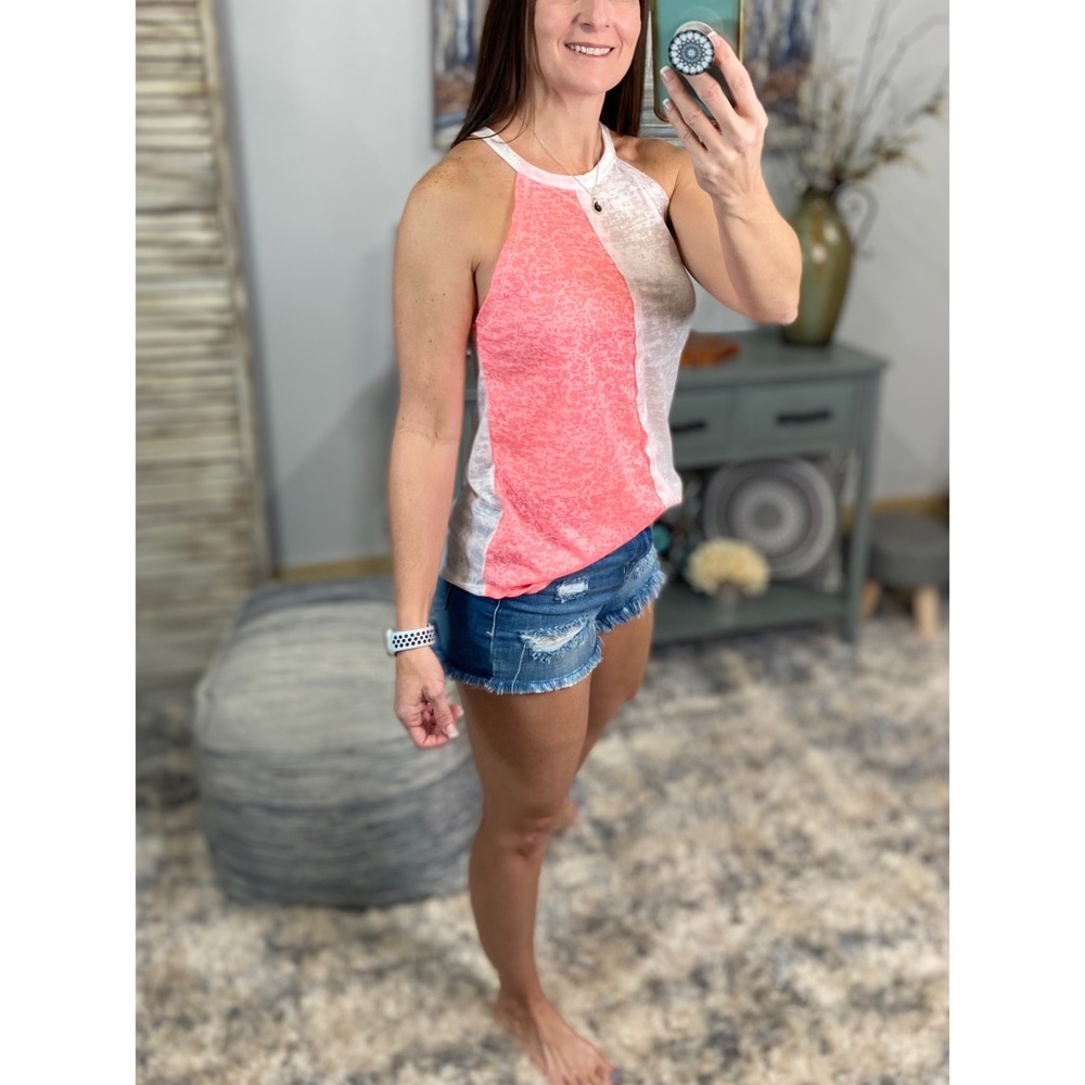 ❤️‍🔥Halter Color Block Racerback Burnout Scoop Neck Tank Neon Pink White 0622 - Picture 5 of 10